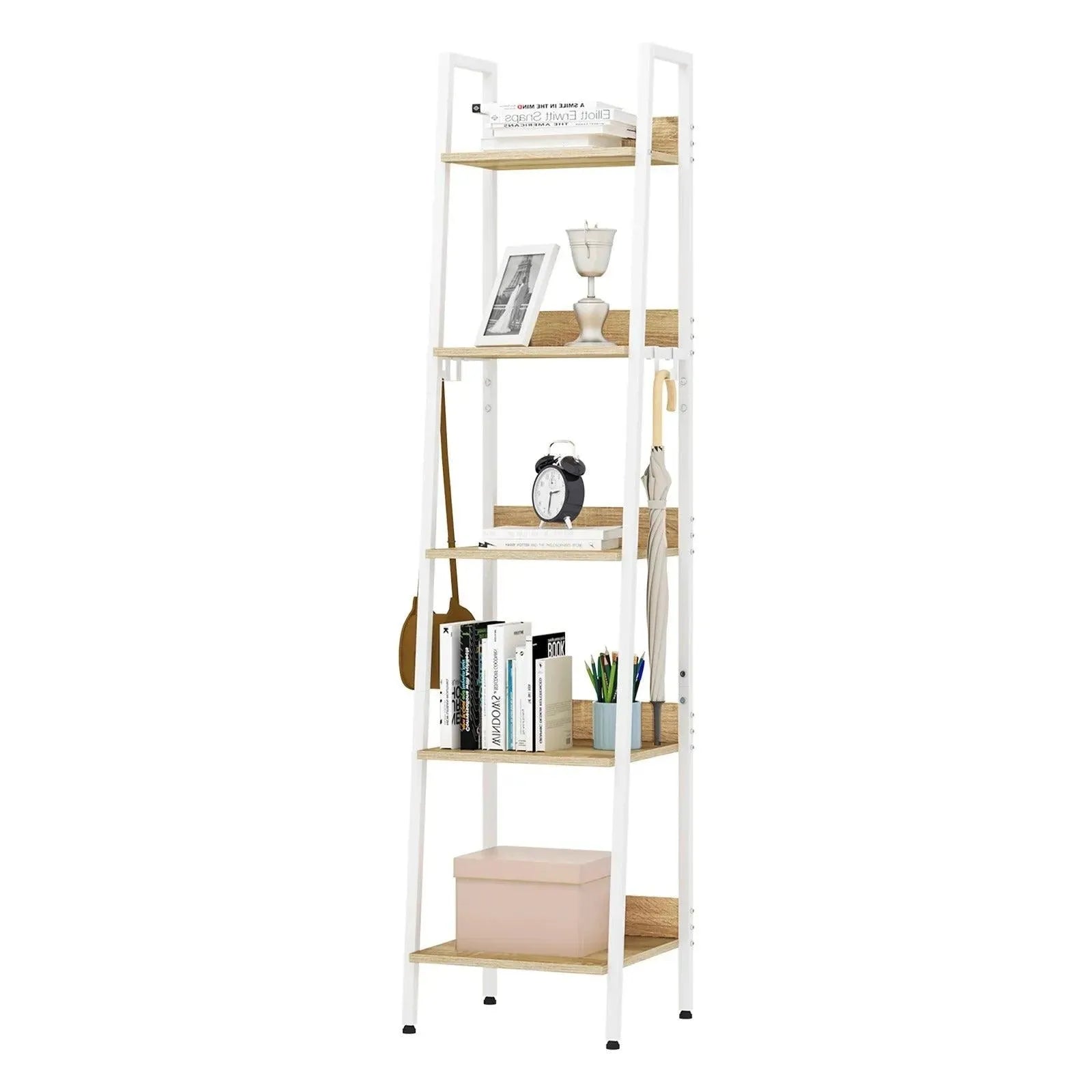 Feronza® 5-Tier Boekenkast met 4 Haken - 40x170x36 cm - Staande Opslagkast voor Woonkamer en Keuken - Feronza